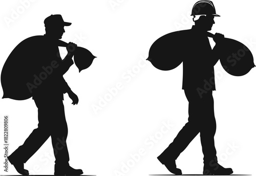 Two black silhouettes of men carrying large sacks over their shoulders vector