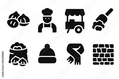 Festive Street Food Icons. Festive street food. Filled icon set of festive street food: roasted chestnuts,