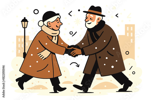 Charming Snowy Stroll. Snowy romance. Elderly couple in long coats, hats, and gloves holding hands under a