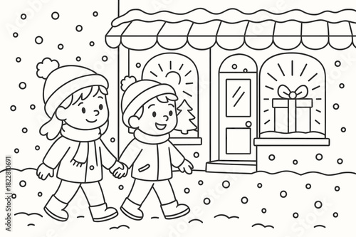 Winter Coloring Stroll. Evening walk in snow children?s coloring book illustration, outlined drawing, couple