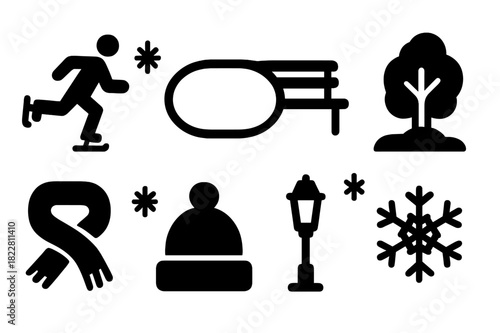 Winter Evening Icons. Winter evening fun. Filled icon set of winter evening fun: skater, ice rink, park bench,