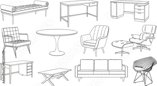 Set of Mid-Century Modern Furniture Vector Line Art Illustrations, Minimalist Black and White Outline Drawing of Classic Sofa, Desk, Eames Chair, Table, 