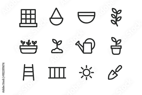 Green Space Icons Set. Small space green wall. Line outline icon set of small space green wall: trellis,