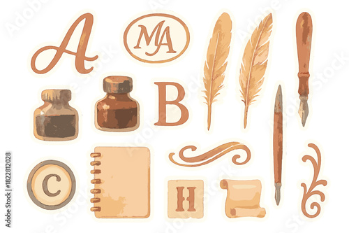 Watercolor Lettering Stickers. Lettering Design Set. Realistic hand-painted watercolor style sticker sheet of