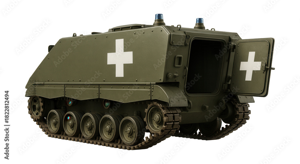 Obraz premium Armored tracked ambulance featuring a rear hatch and medical cross symbols.