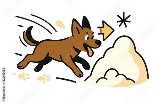 Dynamic Snow Adventure. Snow chase. Dog running toward a snow pile with motion lines and soft footprints