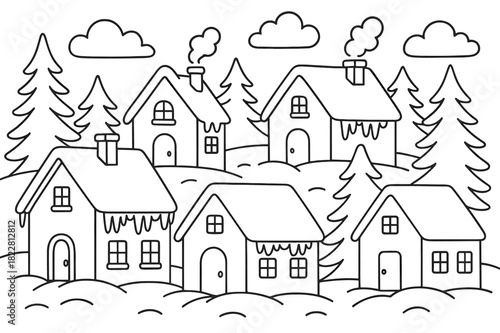 Snowy Village Coloring Scene. Snowy village rooftops children?s coloring book illustration, outlined drawing,