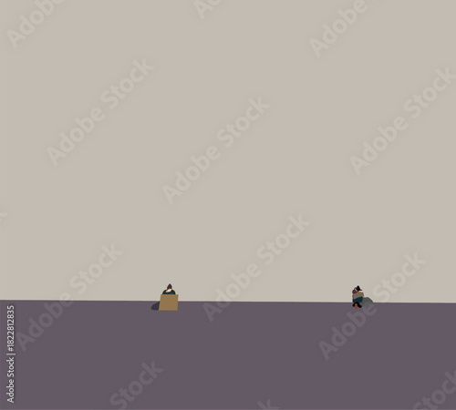 Homeless sitting on the pavement street holding cardboard sign next to white cup to collect money,