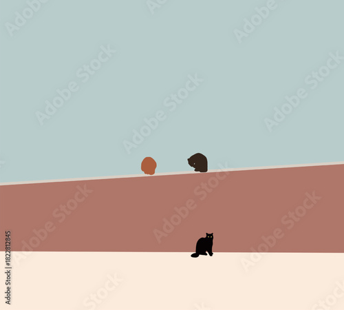 Three cat on building wall and city street. Urban wildlife, abandoned animals. Minimal modern design.
