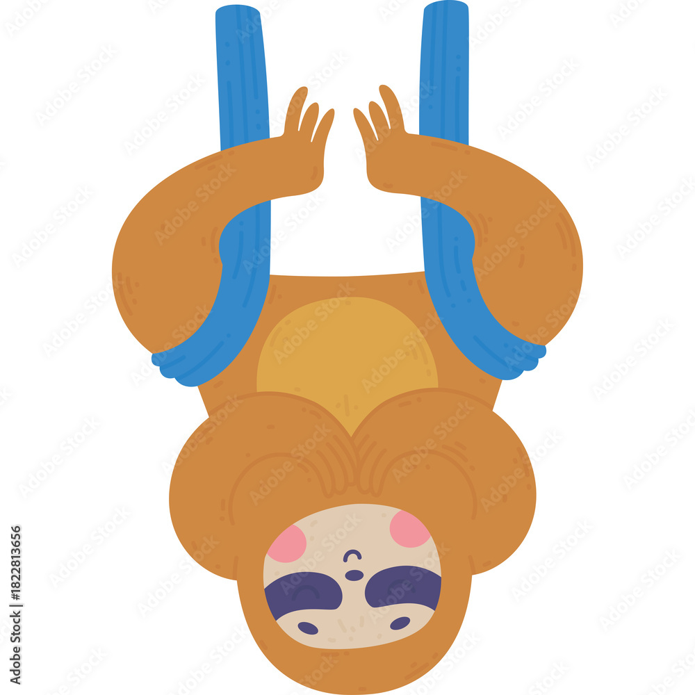 Obraz premium Whimsical Cartoon Sloth Hanging Upside Down From Blue Straps With Pink Cheeks And Closed Eyes On Transparent Background Simple Flat Illustration