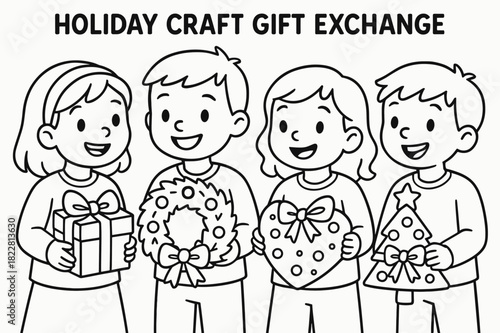 Holiday Craft Exchange. Holiday craft gift exchange children?s coloring book illustration, outlined drawing,