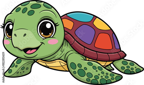 Cute Cartoon Green Sea Turtle with Colorful Shell isolated on white background