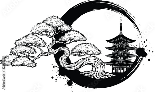 Stylized Japanese landscape vector illustration with a twisted bonsai tree and a pagoda inside a bold ink brush stroke circle with ink splatters