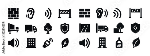 Assorted black icons: wall, ear, sound, barricade, truck, leaf, shield