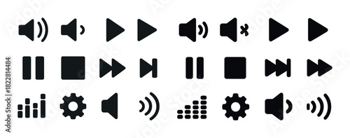 Audio and video control icons set featuring play, pause, adjust, and volume symbols