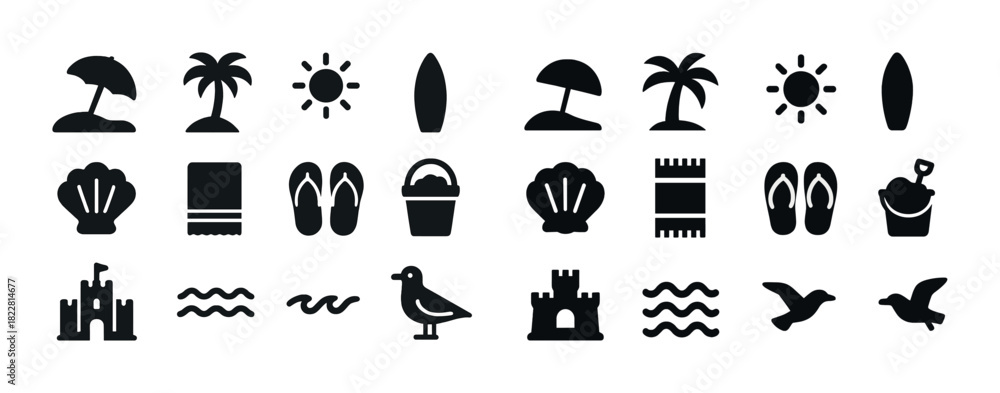 Fototapeta premium Beach icon set: umbrella, palm tree, sun, surfboard, flip-flops, shell, castle, bird