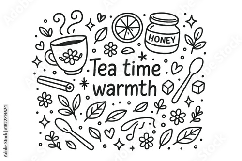 Tea Time Doodle. Tea time warmth. Hand-drawn doodle illustration of Tea time warmth. teacup, lemon slice,