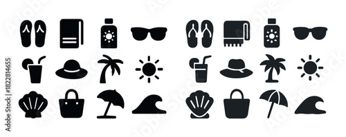 Summer beach icons: flip-flops, sunglasses, palm trees, sun, shells, and waves