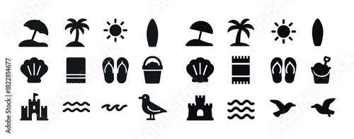 Beach icon set: umbrella, palm tree, sun, surfboard, flip-flops, shell, castle, bird