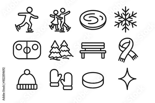 Festive Skating Icons. Festive Ice Skating. Line outline icon set of Festive Ice Skating: skater, pair skating