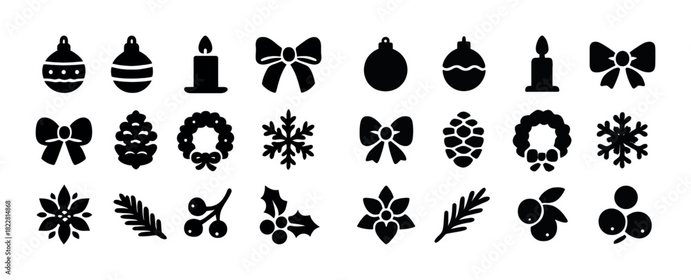 Fototapeta premium Festive holiday icons collection: ornaments, candles, bows, wreaths, and more