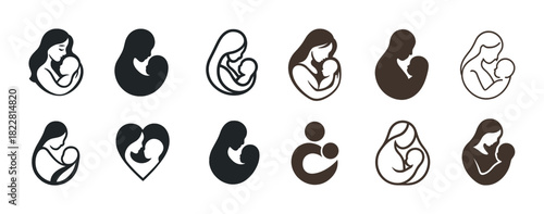 Mother and baby icons: diverse silhouettes of bonding in monochrome styles