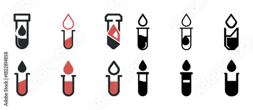 Diverse test tube and blood drop icon set in black and red