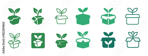 Green plant growing in box icon set with twelve variations