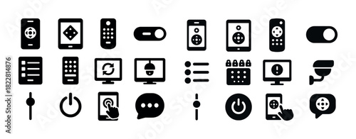 Smart home technology icons: remote, camera, control, power, touchscreen