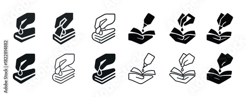Hand applying glue icon set - liquid adhesive symbols and instructions
