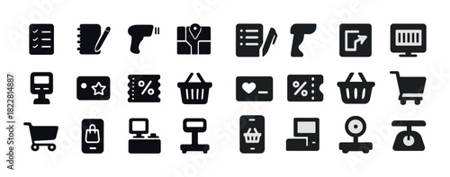 Black shopping and retail icon set with cart, barcode, and discount elements