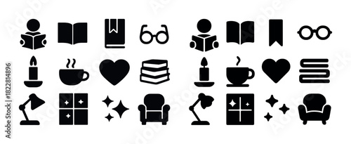 Collection of reading icons featuring books, glasses, coffee, and armchairs