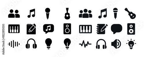 Music and audio icon set featuring microphone and guitar symbols