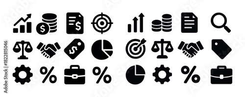 Business and finance icons: growth, analysis, agreements, pricing, and strategy