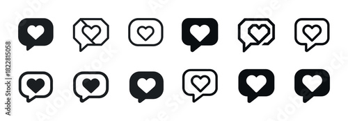 Set of heart icon designs in speech bubble styles for communication apps