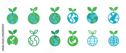 Eco-friendly earth globe icons with leaf sprouts collection