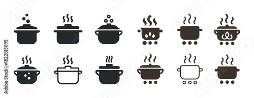 Collection of cooking pot icons featuring steam and heat elements