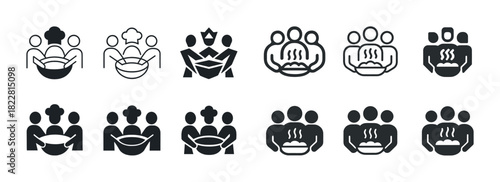 Black and white soup kitchen icon set featuring diverse group silhouettes