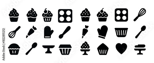 Set of baking icons: cupcakes, baking tools, whisk, oven mitt, spoon, muffin pan