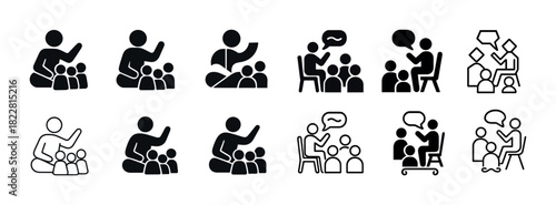 Diverse icons of education and communication in black and white