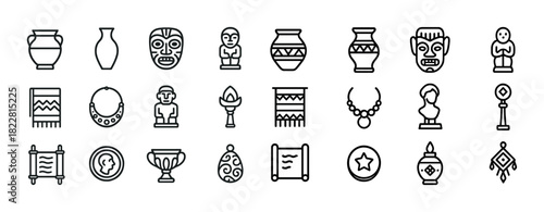 Collection of ancient cultural icons and artifacts in line art style