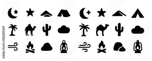 Camping and desert icons: tents, camels, cacti, stars, moons, clouds, meditation, campfires