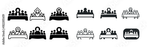 Business meeting icons set: diverse monochrome conference symbols