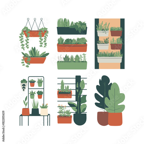 Collection of potted plants and hanging planters with green foliage vector
