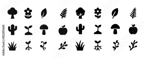 Collection of various black plant and nature icons