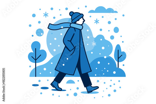 Solitary Winter Stroll. Winter Walk. A solitary figure in a long coat walks under gentle snowfall, footprints