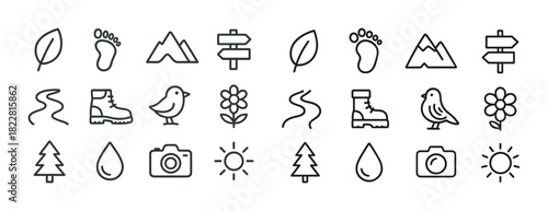Outdoor adventure icons: nature, hiking, wildlife, travel, hiking gear set