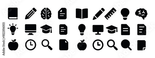 Educational icons: book, pencil, brain, computer, light bulb, apple, and magnifying glass symbols