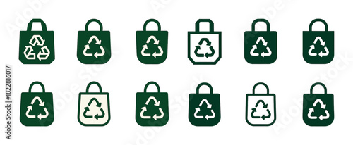Variety of green recycling bags with eco-friendly symbols