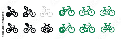 Eco-friendly bicycle icons with leaf elements in black, white, and green